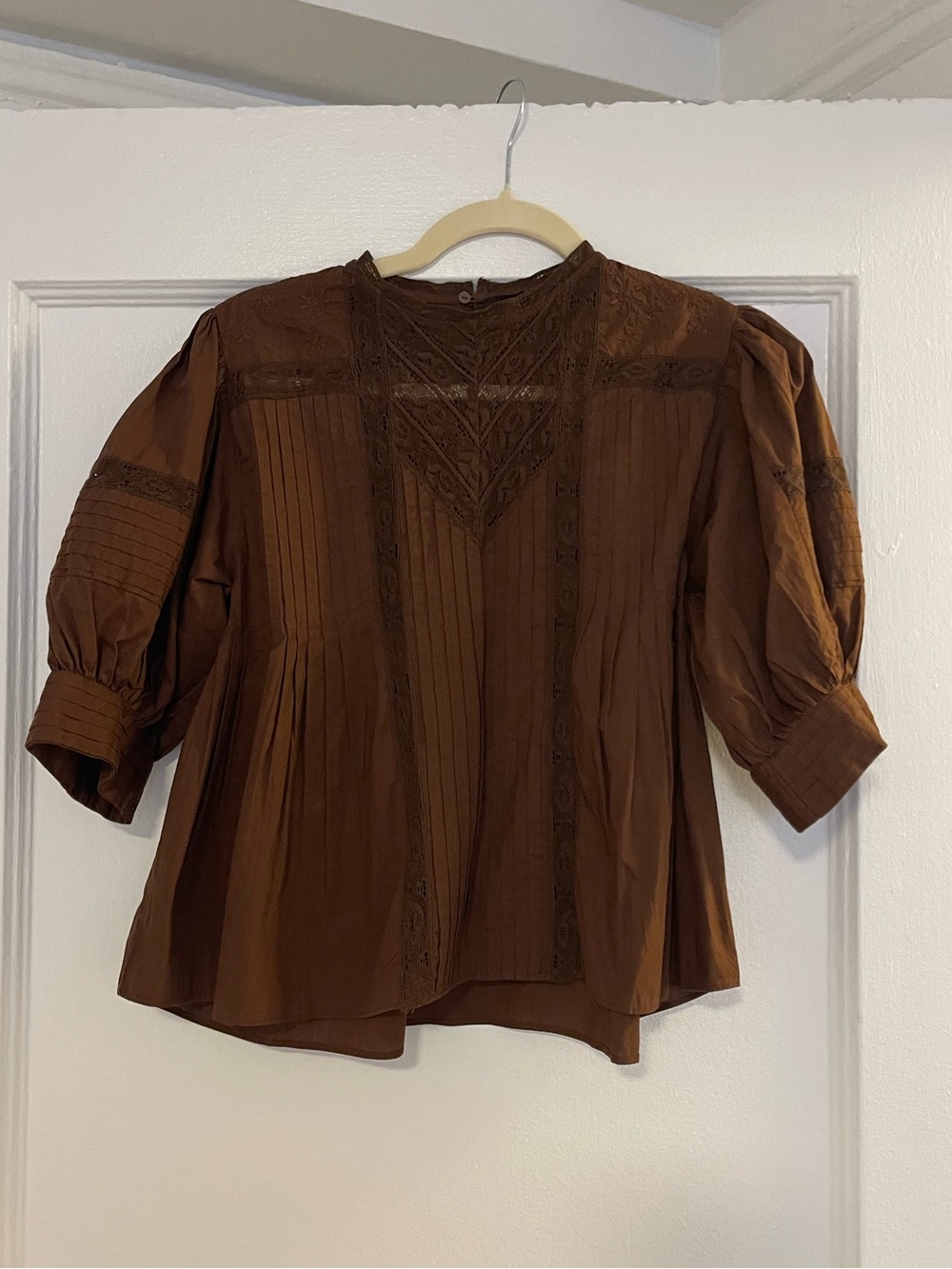 Zara Chocolate Brown Lace-Trim Puff Sleeve Blouse